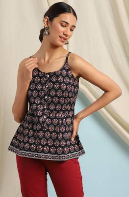 Janasya Black printed cotton cotton tops 1