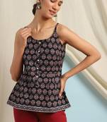 Janasya Black printed cotton cotton tops