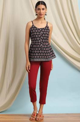 Janasya Black printed cotton cotton tops 2