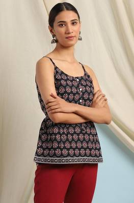 Janasya Black printed cotton cotton tops 3