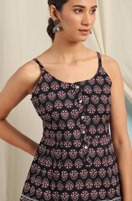 Janasya Black printed cotton cotton tops 5