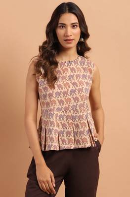 Janasya Peach printed cotton cotton tops 1
