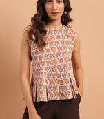 Janasya Peach printed cotton cotton tops