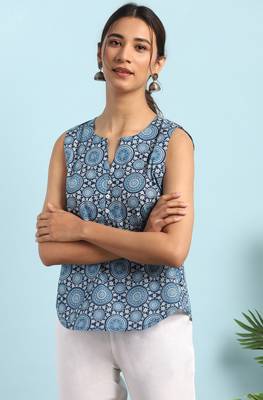 Janasya Blue printed cotton cotton tops 1