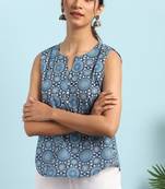 Janasya Blue printed cotton cotton tops