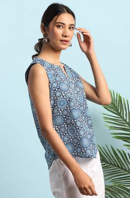 Janasya Blue printed cotton cotton tops 3