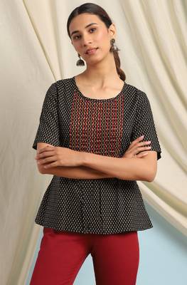 Janasya Black printed cotton cotton tops 1
