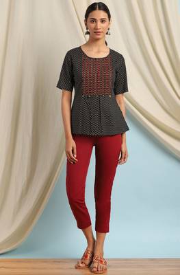 Janasya Black printed cotton cotton tops 2