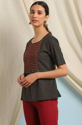 Janasya Black printed cotton cotton tops 3