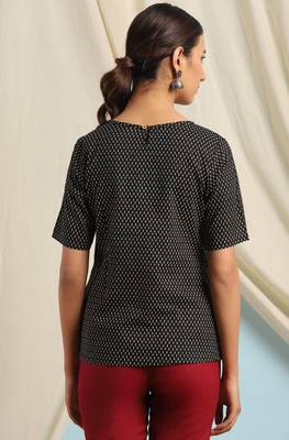 Janasya Black printed cotton cotton tops 4