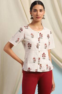 Janasya Off white printed cotton cotton tops 1