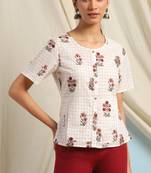 Janasya Off white printed cotton cotton tops
