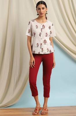 Janasya Off white printed cotton cotton tops 2