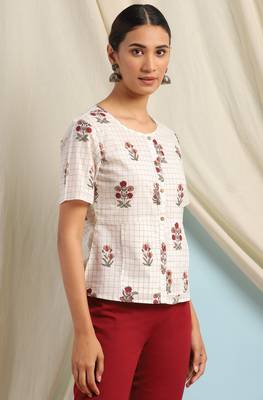 Janasya Off white printed cotton cotton tops 3