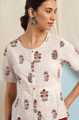 Janasya Off white printed cotton cotton tops 5
