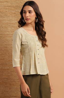 Janasya Cream printed cotton cotton tops 3