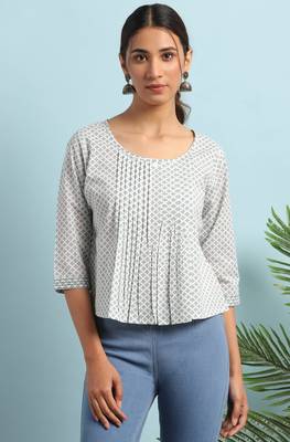 Janasya White printed cotton cotton tops 1