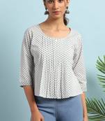 Janasya White printed cotton cotton tops