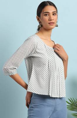 Janasya White printed cotton cotton tops 3