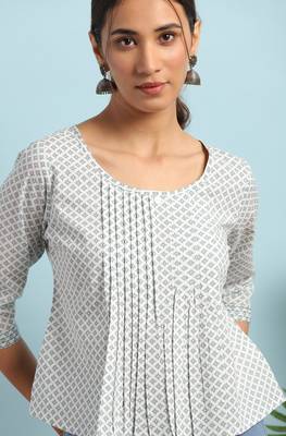 Janasya White printed cotton cotton tops 5