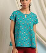 Teal printed cotton cotton tops