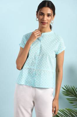 Janasya Sky blue printed cotton cotton tops 1