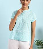 Janasya Sky blue printed cotton cotton tops