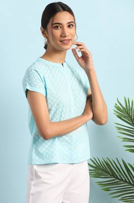 Janasya Sky blue printed cotton cotton tops 3
