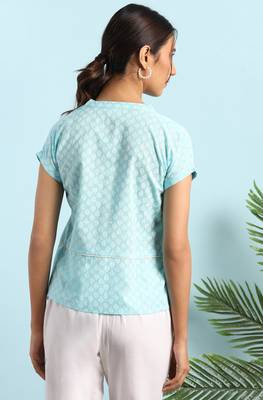 Janasya Sky blue printed cotton cotton tops 4