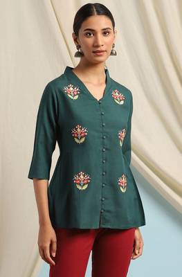 Janasya Green embroidered viscose rayon cotton tops 1