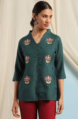 Janasya Green embroidered viscose rayon cotton tops 2