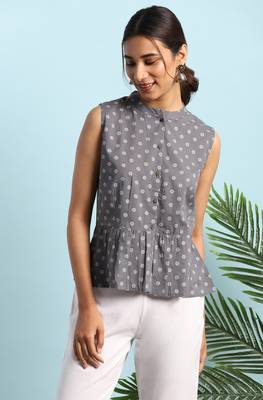 Janasya Grey printed cotton cotton tops 1