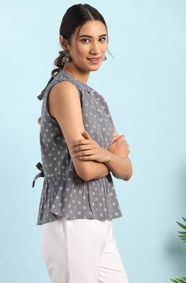 Janasya Grey printed cotton cotton tops 3