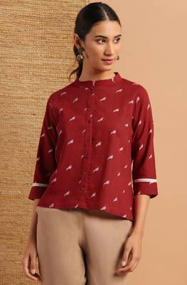 Janasya Maroon printed cotton cotton tops 1