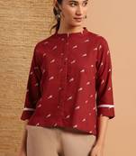 Janasya Maroon printed cotton cotton tops
