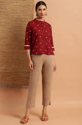 Janasya Maroon printed cotton cotton tops 2