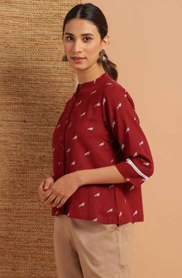 Janasya Maroon printed cotton cotton tops 3