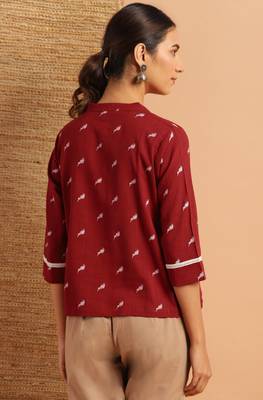 Janasya Maroon printed cotton cotton tops 4