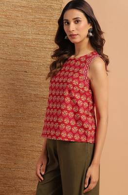 Red printed cotton cotton tops 3
