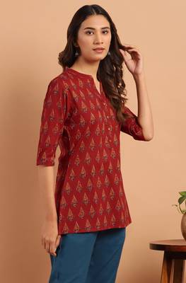 Red printed cotton cotton tops 3