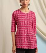 Janasya Pink printed cotton cotton tops