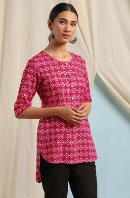 Janasya Pink printed cotton cotton tops 3