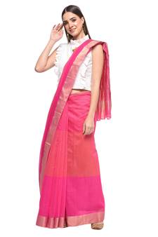 Pink hand woven chanderi saree with blouse