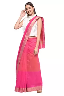 Pink hand woven chanderi saree with blouse