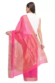 Pink hand woven chanderi saree with blouse