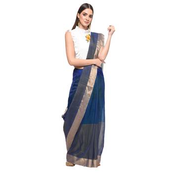 Navy blue hand woven chanderi saree with blouse 1