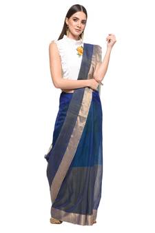 Navy blue hand woven chanderi saree with blouse