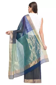 Navy blue hand woven chanderi saree with blouse