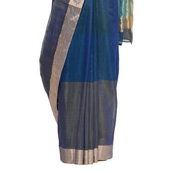 Navy blue hand woven chanderi saree with blouse 3