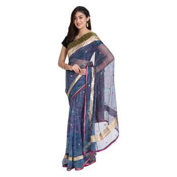 Blue printed net saree with blouse 1